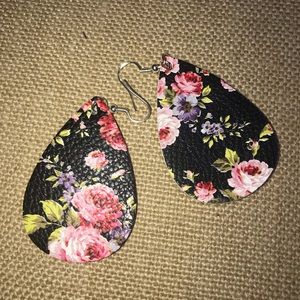 Black Floral Leather-like Teardrop Earrings